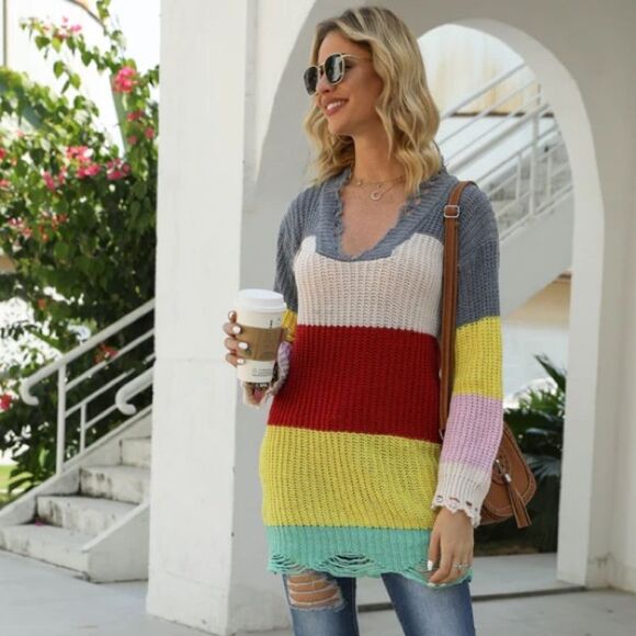 Multicolor V-Neck Women's Sweater - Picture 1 of 5